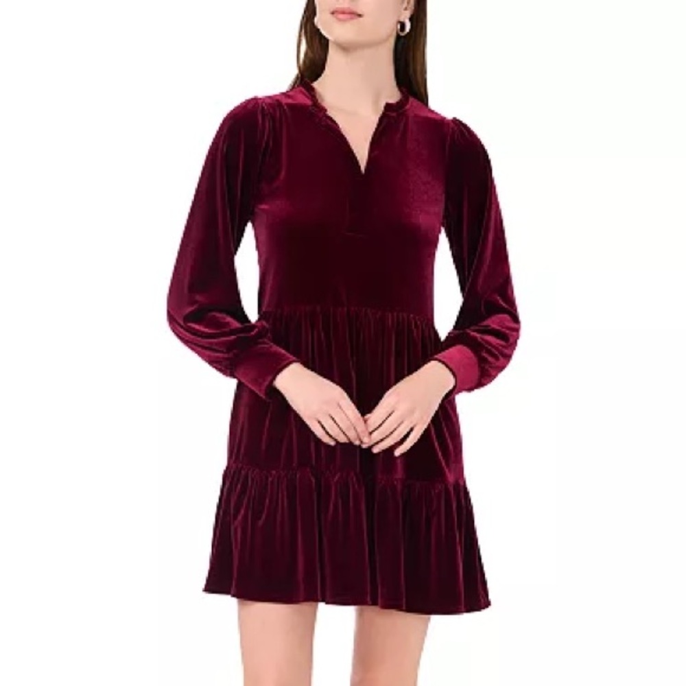 1. State Velvet Long Sleeve Split V-neck Tiered Mini Dress in Deep Burgundy sz M